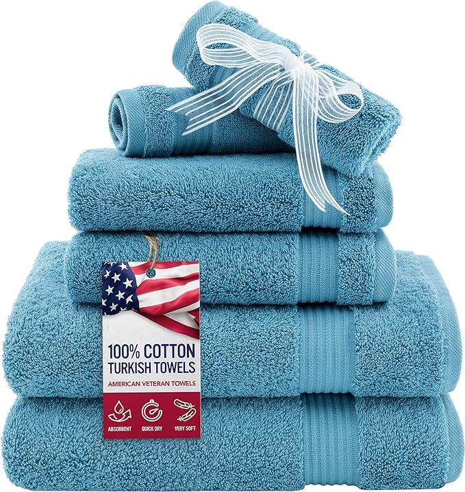 American Veteran Towel, 6 Piece Towel Set for Bathroom, 100% Cotton Turkish Bathroom Towels, 2 Bath Towels 2 Hand Towels 2 Washcloths, Sky Blue