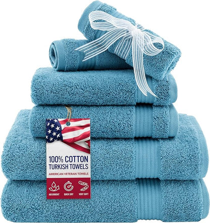 American Veteran Towel, 6 Piece Towel Set for Bathroom, 100% Cotton Turkish Bathroom Towels, 2 Bath Towels 2 Hand Towels 2 Washcloths, Sky Blue