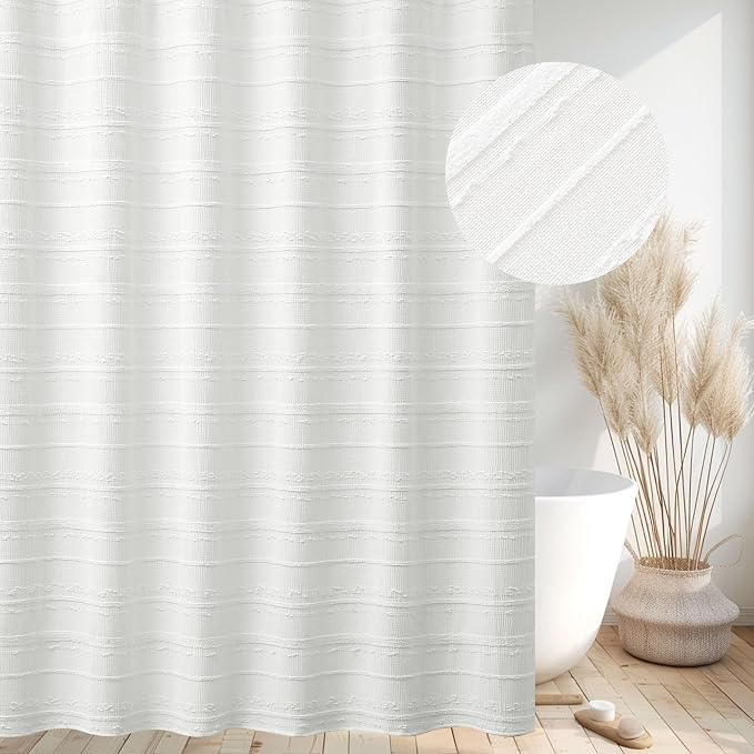 Farmhouse White Shower Curtain Boho, 72 x 72 Cotton Blend Tufted Weave Waffle Stripe Textured Heavy Duty, Fabric Shower Curtain for Bathroom, Hotel