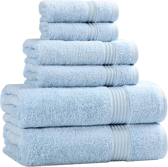 SUPERIOR Egyptian Cotton 6-Piece Towel Set, Bathroom Essentials, Towels for Bathroom, Apartment, Airbnb, Guest Bath, Face, Hand, Bath Towels, Washcloths, Absorbent, Fast Drying, Light Blue