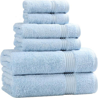 SUPERIOR Egyptian Cotton 6-Piece Towel Set, Bathroom Essentials, Towels for Bathroom, Apartment, Airbnb, Guest Bath, Face, Hand, Bath Towels, Washcloths, Absorbent, Fast Drying, Light Blue