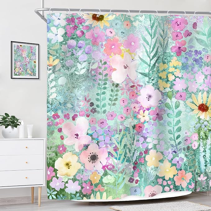 Teal Floral Cute Wildflower Watercolor Boho Art Bathroom Shower Curtain Set | 72"W x 72"H Leaves Botanical; waterproof HD print, quick-dry fabric with 12 hooks for easy hanging.