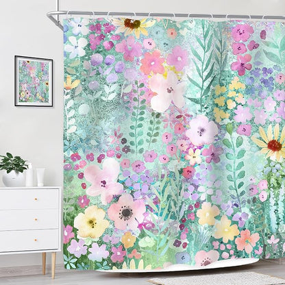 Teal Floral Cute Wildflower Watercolor Boho Art Bathroom Shower Curtain Set | 72"W x 72"H Leaves Botanical; waterproof HD print, quick-dry fabric with 12 hooks for easy hanging.