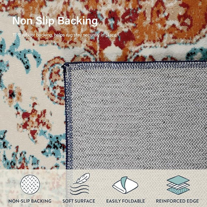 Lahome Washable Round Rugs 5'3"ft, Bohemian Orange Circle Rugs for Living Room, Entryway Round Area Rug, Floral Medallion Soft Non Slip Nursery Carpet for Bedroom Dining Coffee Table