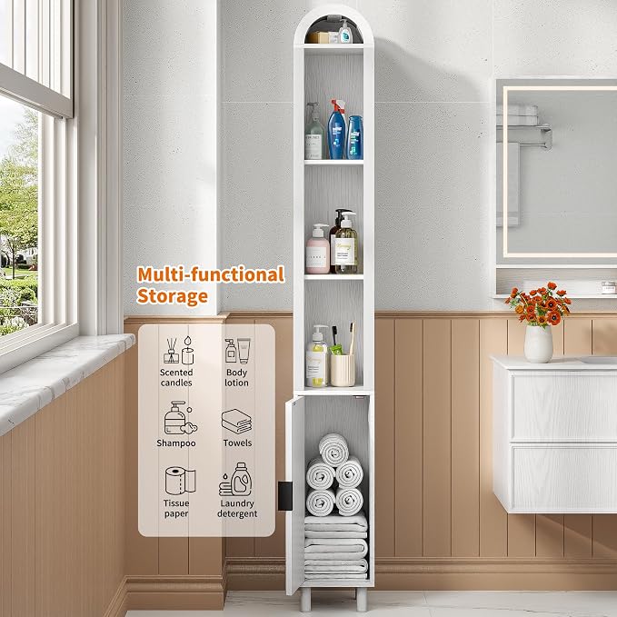 Narrow Bathroom Storage Cabinet, Tall Arched Small Wood Cabinet, Slim | Mid Century Modern White Towel Cabinet, Fluted Doors, 4 Tier Shelves, Wooden Display Cabinet for Living Dining Room, Skinny