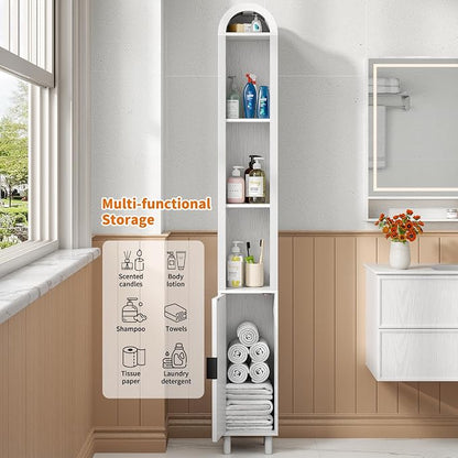 Narrow Bathroom Storage Cabinet, Tall Arched Small Wood Cabinet, Slim | Mid Century Modern White Towel Cabinet, Fluted Doors, 4 Tier Shelves, Wooden Display Cabinet for Living Dining Room, Skinny
