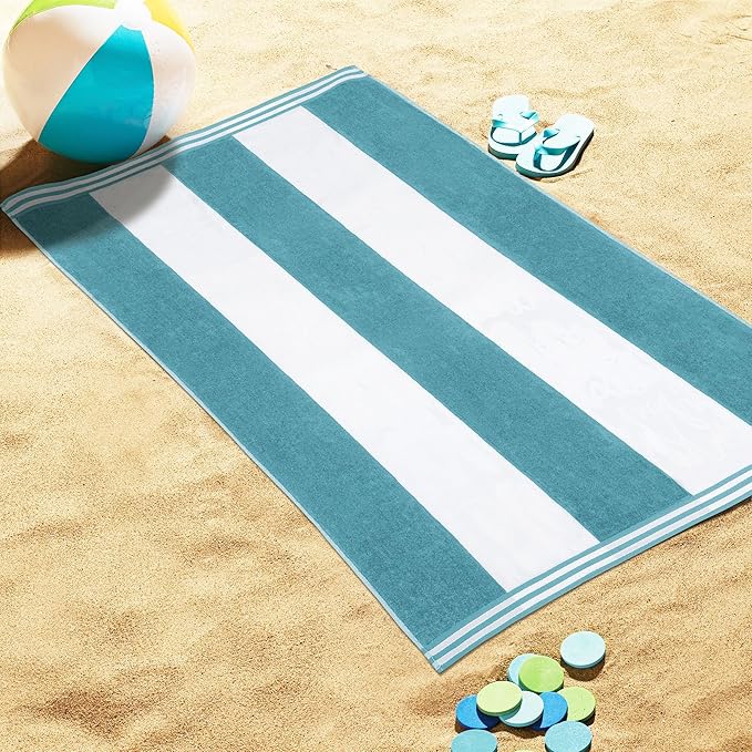 Superior Cotton Nautical Stripe Beach Towels, Colorful Towels for Adult, Kid, Pool, Swimming, Sand, Travel, Large Oversized, Absorbent, Fast Drying, Bath Basics, Cabana Collection, 1 Piece, Turquoise