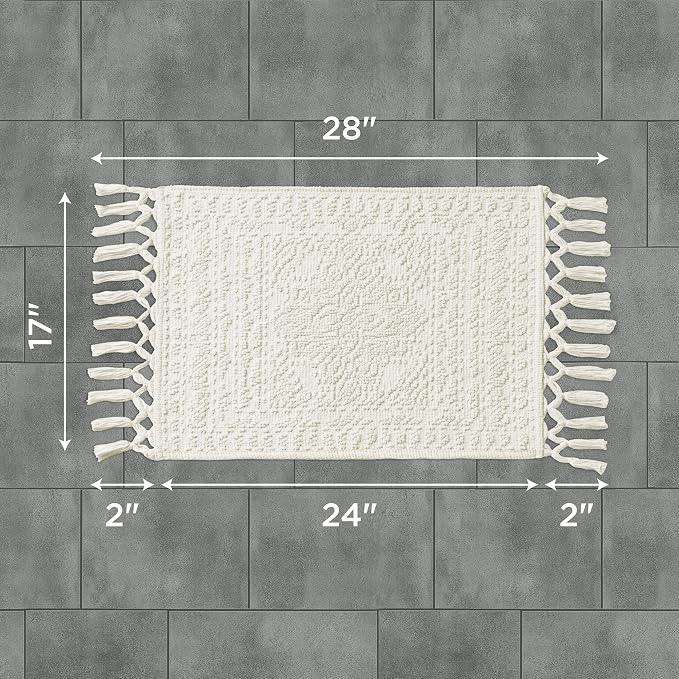 French Connection Nellore Bathroom Rugs, Woven and Beaded Bathroom Mats, Durable Bath Rugs, Thick Bath Mats for Bathroom and Shower Rugs, 17" x 28", Ivory