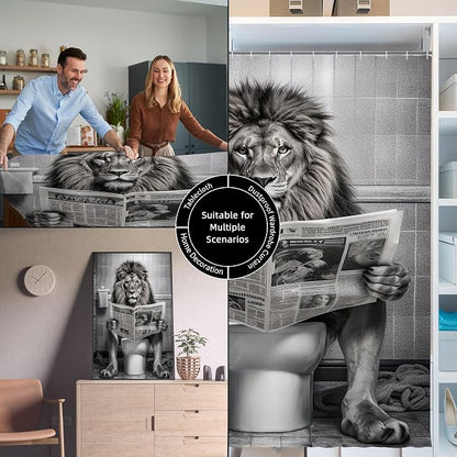Farmhouse Funny Lion Mens Shower Curtain for Bathroom 72W*72H Inch Black and White Humor Animal Reading on Toilet Bathtub Decor Western Country Animal Waterproof Polyester Fabric Set with 12 Hooks