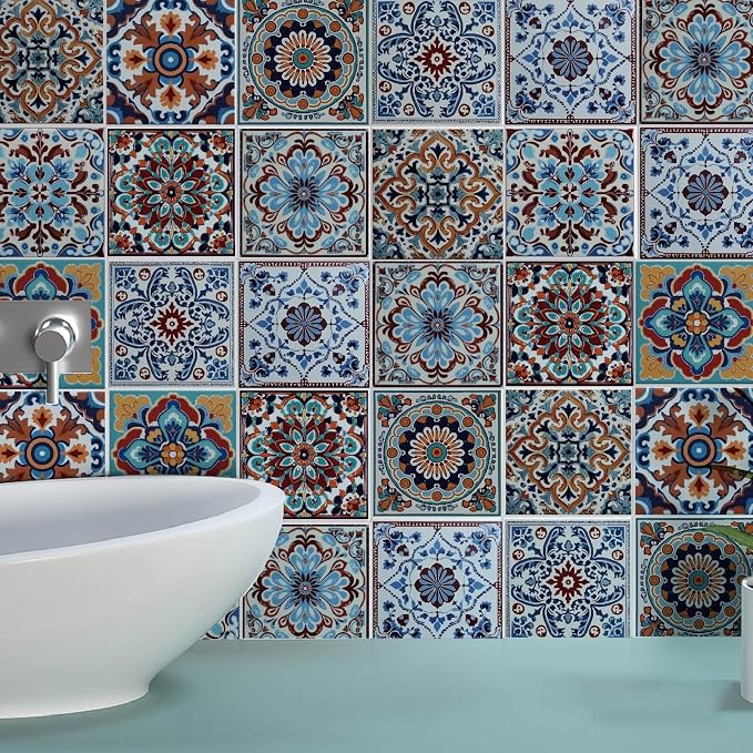 36Pcs 9 Styles Mexican Peel and Stick Tiles 4 x 4 Inch Colorful Tile Stickers Square Flower Pattern Waterproof PVC Decals for Kitchen Bathroom Backsplash Furniture Staircase DIY Home Decor