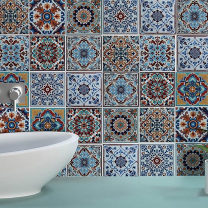 36Pcs 9 Styles Mexican Peel and Stick Tiles 4 x 4 Inch Colorful Tile Stickers Square Flower Pattern Waterproof PVC Decals for Kitchen Bathroom Backsplash Furniture Staircase DIY Home Decor
