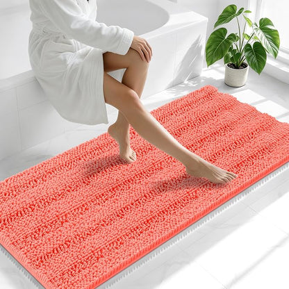 Smiry Thick Chenille Bathroom Runner Rugs 59x24, Absorbent Bath Mat, Coral | Quick‑Dry & Machine Washable, Non‑Slip Bath Carpet, Soft Striped Bath Rugs for Tub & Shower, Modern Home Decor Accessories