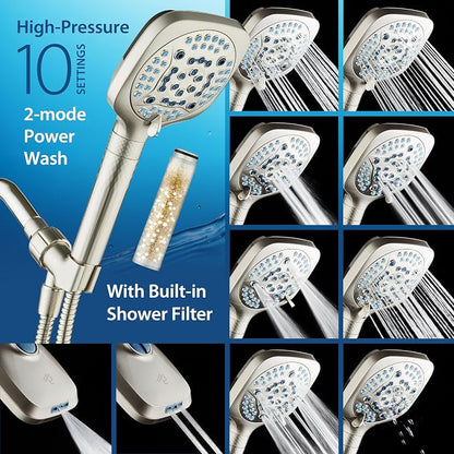 AquaCare 4X 10-Mode High Pressure Hand Shower w/Filter & 2-mode Power Wash | Filters Chlorine & Toxins, Softens Hard Water for Healthy Skin & Hair. Handheld Power Head Cleans Tub, Tile & Pets / Nickel