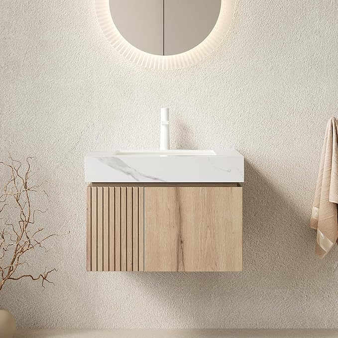 KEIKI 24 Inch Floating Bathroom Vanity with Sink, White Oak & White | Modern Wall Mounted Storage Cabinet with 2 Doors, Pre-assembled Wood Panels, Sintered Stone Top & Ceramic Basin Combo Set