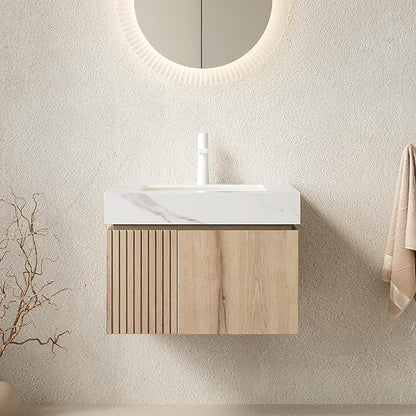 KEIKI 24 Inch Floating Bathroom Vanity with Sink, White Oak & White | Modern Wall Mounted Storage Cabinet with 2 Doors, Pre-assembled Wood Panels, Sintered Stone Top & Ceramic Basin Combo Set