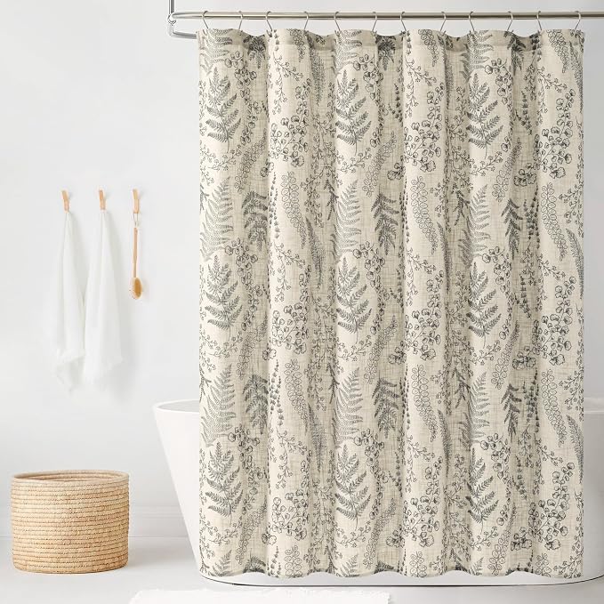 Lush Decor - Shower Curtain, Textured Linen Design, Botanical Dreams, Floral Bathroom Decor (Light Linen/Black, 72" x 72")