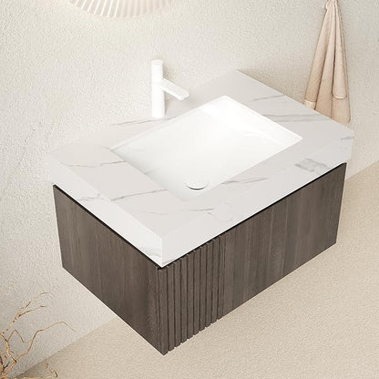 Ambrovina 30" Floating Bathroom Vanity with Sink, Plywood Storage Bathroom Vanities with Drawer and Door, Carrara White Sintered Stone Top and Ceramic Basin, Pre-Assembled Cabinet, Espresso Woodgrain