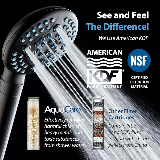 AquaCare 4X 10-Mode High Pressure Hand Shower w/Filter & 2-mode Power Wash | Filters Chlorine & Toxins, Softens Hard Water for Healthy Skin & Hair. Handheld Power Head Cleans Tub, Tile & Pets / Black