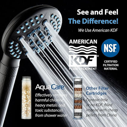 AquaCare 4X 10-Mode High Pressure Hand Shower w/Filter & 2-mode Power Wash | Filters Chlorine & Toxins, Softens Hard Water for Healthy Skin & Hair. Handheld Power Head Cleans Tub, Tile & Pets / Black