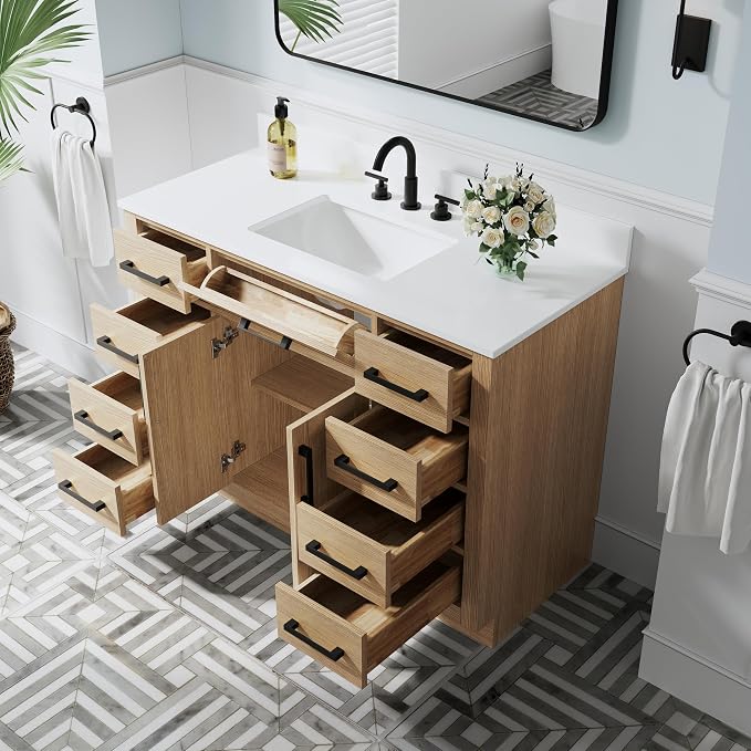 48-Inch Bathroom Vanity with Sink W/ 2 Doors & 8 Drawers & 1 Flip Drawer, Oak Vanity W/Matte Black Handles