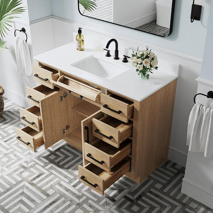 48-Inch Bathroom Vanity with Sink W/ 2 Doors & 8 Drawers & 1 Flip Drawer, Oak Vanity W/Matte Black Handles