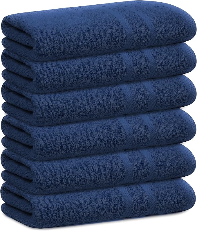 Looperry 6 Pack Small Bath Towel Set - 100% Cotton 23x46 Shower Towels 450 GSM. Lightweight & Absorbent, Soft & Quick Dry. Use for Pet Drying, Gym, Spa, Salon & More. Terry Ringspun Towels (Navy)