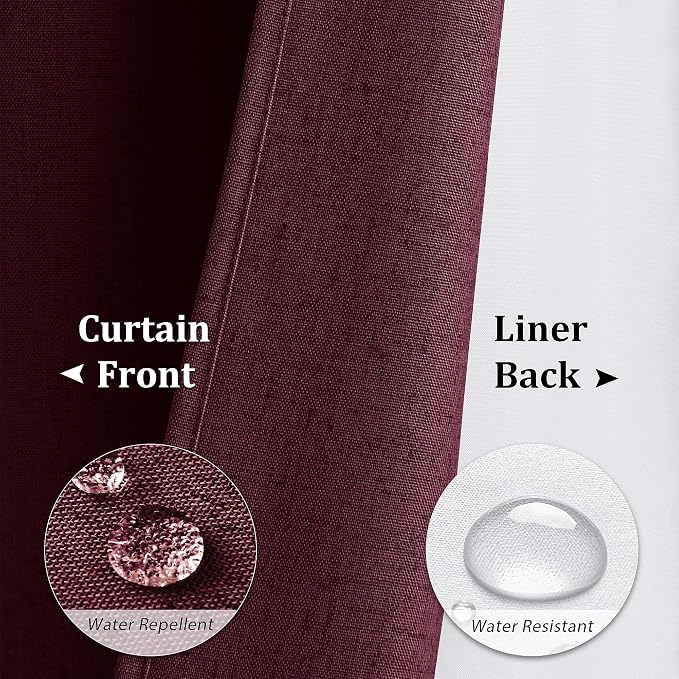 Linen Shower Curtain 72 Inches for Bathroom Burgundy Double Layer | Curtains with Hook, Snap in Liner, Water Repellent, Boho Farmhouse, Modern Bath Decor, 1 Panel, 72x72