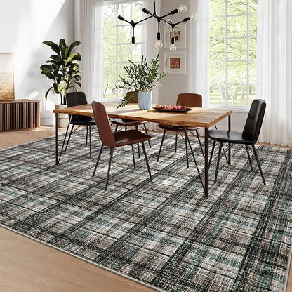 Modern Bordered 8x10 Area Rug for Living Room Washable Bedroom Rug Contemporary Large Area Rug Soft Non Slip Throw Rugs Low Pile Stain Resistant Carpet for Dining Room 8'x10' Teal&Dark Brown