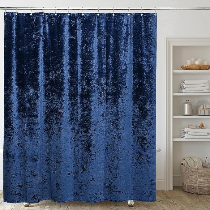 TAMGHO Crushed Velvet Shower Curtain, Navy Blue Shower Curtain Set with 12pc Polished Nickel Hooks, Machine Washable, Waterproof Lined Bathroom Curtain 72x72