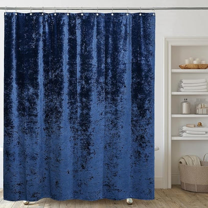 TAMGHO Crushed Velvet Shower Curtain, Navy Blue Shower Curtain Set with 12pc Polished Nickel Hooks, Machine Washable, Waterproof Lined Bathroom Curtain 72x72