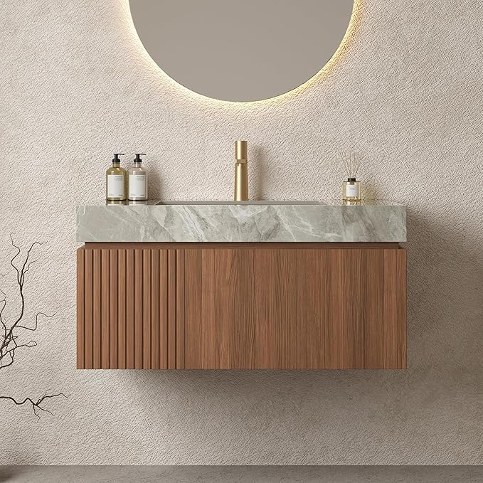 Bathroom Vanity with Sink 36 Inch, Floating Bathroom Vanity Sink Cabinet with Drawer and Door, Undermount Sink & Light Gray Sintered Stone Top, Pre-Assembled,Brown Oak