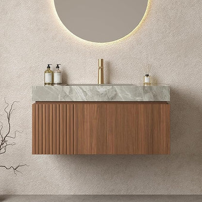 Bathroom Vanity with Sink 36 Inch, Floating Bathroom Vanity Sink Cabinet with Drawer and Door, Undermount Sink & Light Gray Sintered Stone Top, Pre-Assembled,Brown Oak