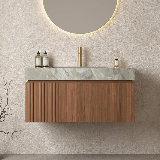 Bathroom Vanity with Sink 36 Inch, Floating Bathroom Vanity Sink Cabinet with Drawer and Door, Undermount Sink & Light Gray Sintered Stone Top, Pre-Assembled,Brown Oak