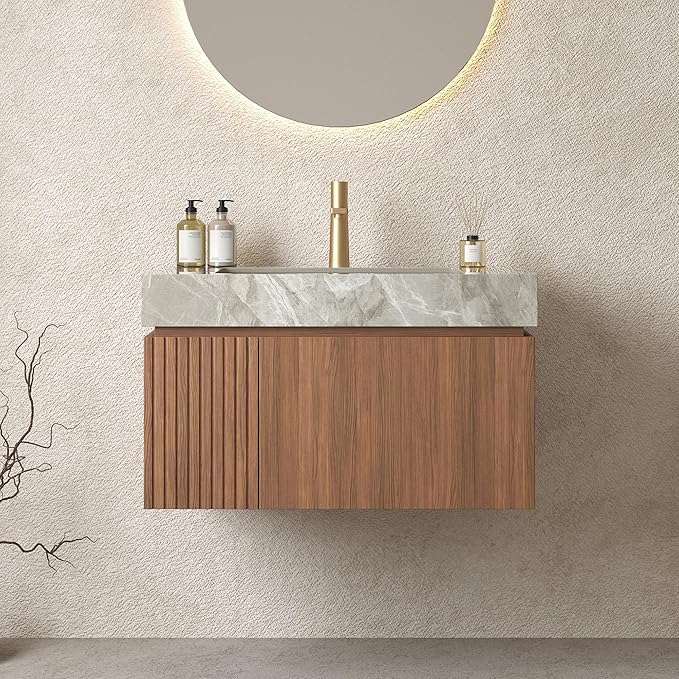 LKTART Floating 30 Inch Bathroom Vanity with Sink, Modern Plywood Wall Mounted Bathroom Storage Cabinet with 1 Door and 1 Drawer, Roma Travertine-Pattern Sintered Stone Countertop and Ceramic Basin