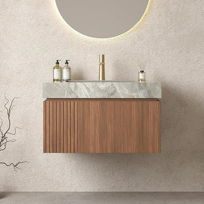 LKTART Floating 30 Inch Bathroom Vanity with Sink, Modern Plywood Wall Mounted Bathroom Storage Cabinet with 1 Door and 1 Drawer, Roma Travertine-Pattern Sintered Stone Countertop and Ceramic Basin