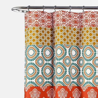 Lush Decor Bohemian Stripe Shower Curtain 72" W x 84" L Turquoise & Orange - Bathroom Curtain - Extra Long Shower Curtain - Boho Decor - Striped Shower Curtains