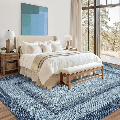 Printed Washable Area Rugs 10x13 Rug Modern Rugs for Bedroom Blue Rug Imitation Braided Soft Large Area Rug Non Slip Throw Rugs Stain Resistant Carpet for Nursery Dining Room 10'x13' Navy Blue