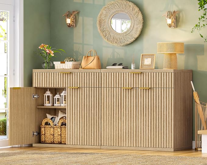 Fluted Buffet Cabinet with Storage, 63" Sideboard Cabinet, Coffee Bar Cabinet with 2 Doors and Adjustable Shelf for Living Room, Kitchen, Entryway, Natural