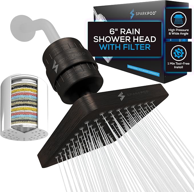 SparkPod Filtered Shower Head, 23-Stage, 6" Square, Oil-Rubbed Bronze | Showerhead for Hard Water, High Pressure, Reduces Chlorine, Heavy Metals, For Dry Skin & Hair, Removable Capsule Filter