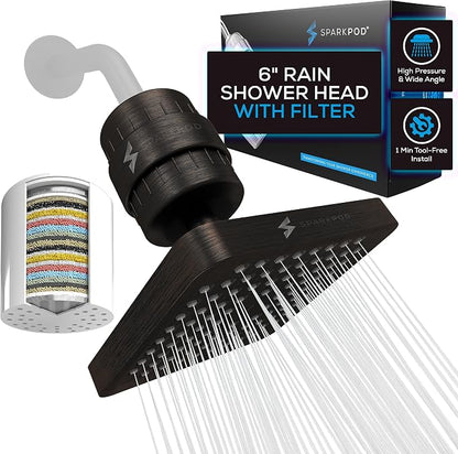 SparkPod Filtered Shower Head, 23-Stage, 6" Square, Oil-Rubbed Bronze | Showerhead for Hard Water, High Pressure, Reduces Chlorine, Heavy Metals, For Dry Skin & Hair, Removable Capsule Filter