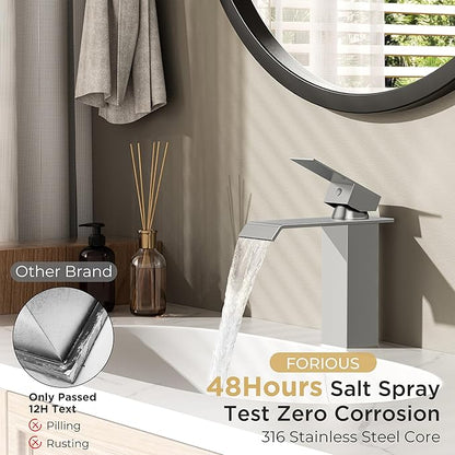 FORIOUS Bathroom Faucet Brushd Nickel Modern Waterfall Bathroom Sink Faucet 1 or 3 Hole Single Handle with Deck Plate and Drain, Suitable for Vanity Rv Camper Commerical