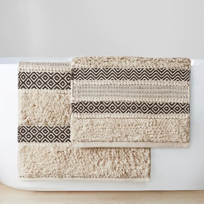 INK+IVY Bath Rug Hand-Woven Texture Shaggy Striped Soft & Water Absorbent, Boho Bathroom Décor Bath-Mats, Non-Slip Absorbent Quick Dry Mats for Tub, Shower Room, Asher, 20x32, Black 1 Piece