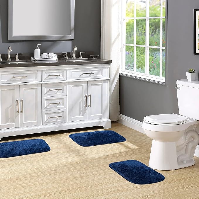 Garland Rug Traditional Nylon Washable Navy 3 Bath Rugs (17" X 24", 21" X 34", 21" X 34") - Soft, Absorbent, and Stylish for Your Bathroom
