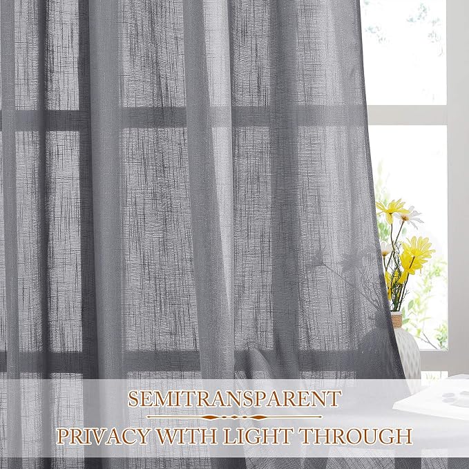 NICETOWN Sheer Curtains 84 inches Long Linen Look for Farmhouse, Rustic Rod Pocket & Back Tab Semi Sheer Window Treatments Balance Light & Privacy for Living Room, 52" Wide, Grey, 2 Panels