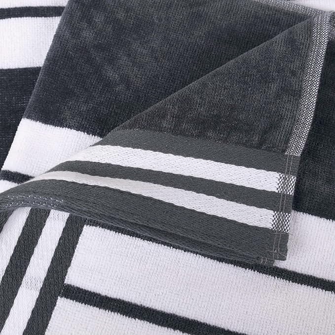 Superior Oversized Cotton Beach Towel Set of 4, Absorbent Towels For Bathroom, Beach, Pool, Swim, Adults, Kids, Vacation, Travel, Bath Sheet, Quick Dry Basics, Trip Essentials, Striped Decor, Charcoal