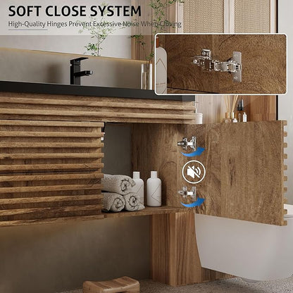 eclife 60" Floating Bathroom Vanity with Sink Combo, Mid-Century Wall Mounted Cabinet with Wood Stripes Decor, Drawers, Undermount Double Black Sink, Faucet, Drain, Light Walnut