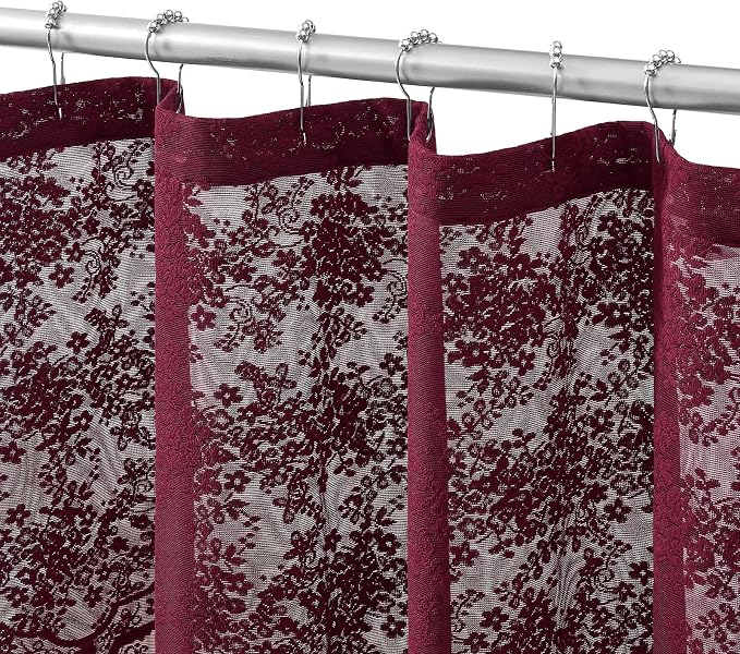 Burgundy Lace Shower Curtain 72x84, 84 Inches Long with Attached Valance | Wine Red Shower Curtain, Magenta Floral Lace Details, Airy Appearance, Vintage Victorian Moody Style forTall Bathrooms