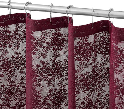 Burgundy Lace Shower Curtain 72x84, 84 Inches Long with Attached Valance | Wine Red Shower Curtain, Magenta Floral Lace Details, Airy Appearance, Vintage Victorian Moody Style forTall Bathrooms