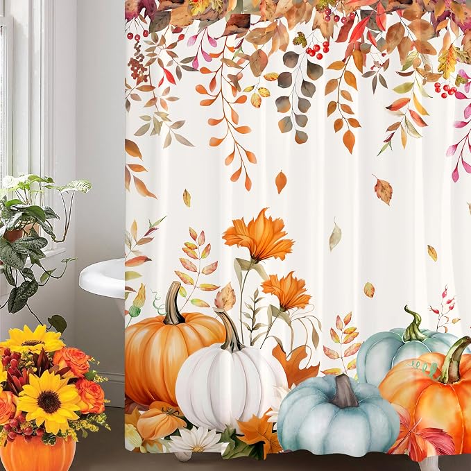 Fall Shower Curtain Set Autumn Pumpkin Eucalyptus Leaves Shower Curtains Rustic Waterproof Fabric Bath Curtains with 12 Hooks for Fall Home Bathroom Decor, 72 x 72 Inches