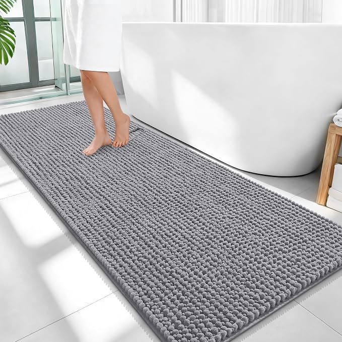 OLANLY Thick Chenille Bathroom Runner Rugs 59x24, Absorbent Bath Mat, Grey | Soft Bath Rugs, Rubber Backing, Machine Wash Dry, Bath Mats for Bathroom, Tub and Shower, Home Decor Accessories